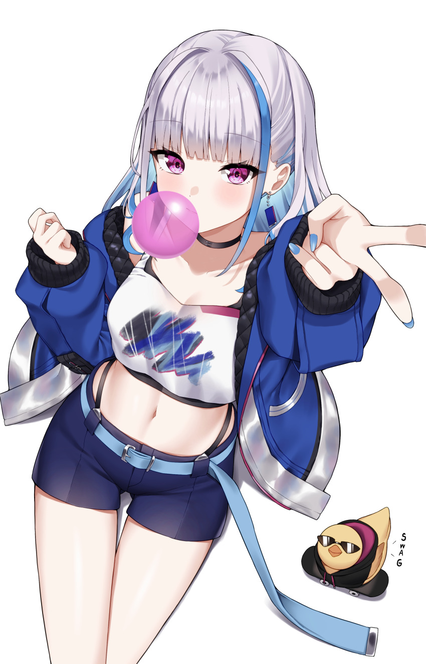1girl, absurdres, belt, blue_belt, blue_hair, blue_jacket, blue_nails, blue_shorts