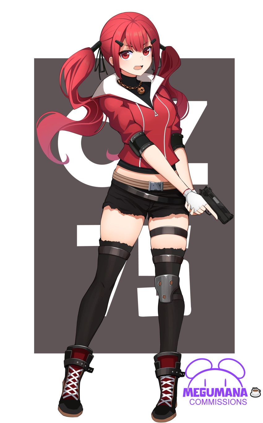 1girl, absurdres, bell, black_boots, black_ribbon, black_shirt, black_shorts, black_thighhighs, boots, breasts, commentary, commission, crop_top, cz75_(girls'_frontline), cz75_(winter_forager)_(girls'_frontline), cz_75, english_commentary, fingerless_gloves, girls'_frontline, gloves, grey_background, gun, hair_ornament, hair_ribbon, hairclip, handgun, highres, holding, holding_gun, holding_weapon, jacket, jingle_bell, lace-up_boots, long_hair, looking_at_viewer, medium_breasts, megumana, midriff, name_connection, neck_bell, object_namesake, official_alternate_costume, open_mouth, red_eyes, red_hair, red_jacket, ribbon, shirt, short_shorts, short_sleeves, shorts, solo, thighhighs, thighhighs_under_boots, twintails, two-tone_background, very_long_hair, weapon, white_background, white_gloves