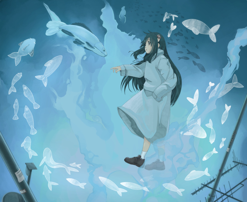 1girl, artist_name, black_hair, blue_coat, blue_theme, brown_footwear, coat, fish