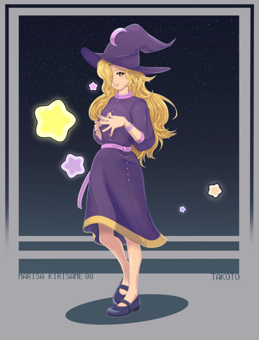 1girl, artist_name, belt, blonde_hair, bracelet, buttons, character_name, closed_mouth, crescent, crescent_hat_ornament, dress, full_body, hair_over_one_eye, hat, hat_ornament, highres, jewelry, kirisame_marisa, kirisame_marisa_(pc-98), long_hair, mary_janes, pink_belt, purple_dress, purple_hat, purple_shirt, shirt, shoes, sky, three-quarter_sleeves, star_(sky), star_(symbol), starry_sky, takoto, touhou, touhou_(pc-98), witch, witch_hat, yellow_eyes