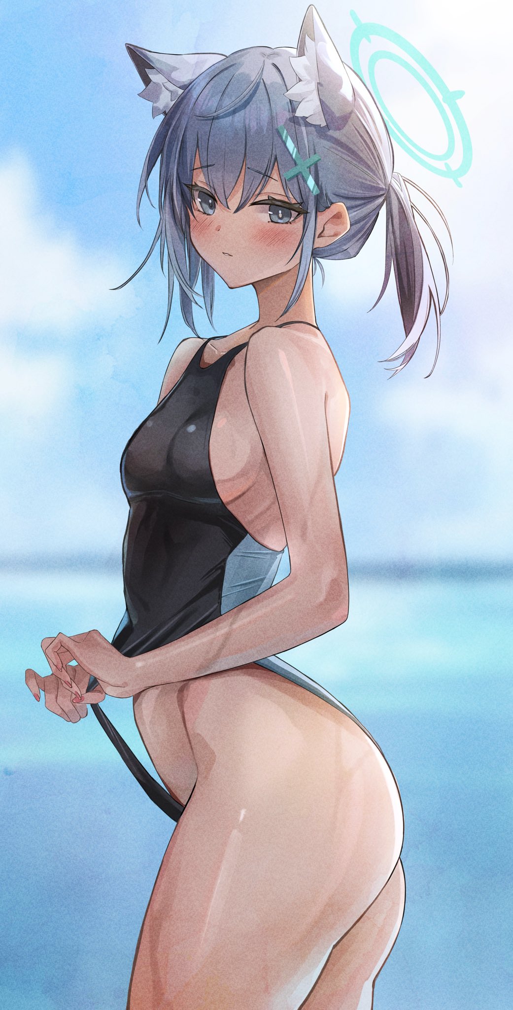 1girl, adjusting_clothes, adjusting_swimsuit, animal_ear_fluff, animal_ears, ass, bare_shoulders, black_one-piece_swimsuit