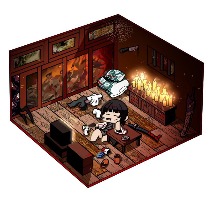 ashtray, bars, black_hair, blood, blood_on_clothes, bloody_knife, bob_cut, candle