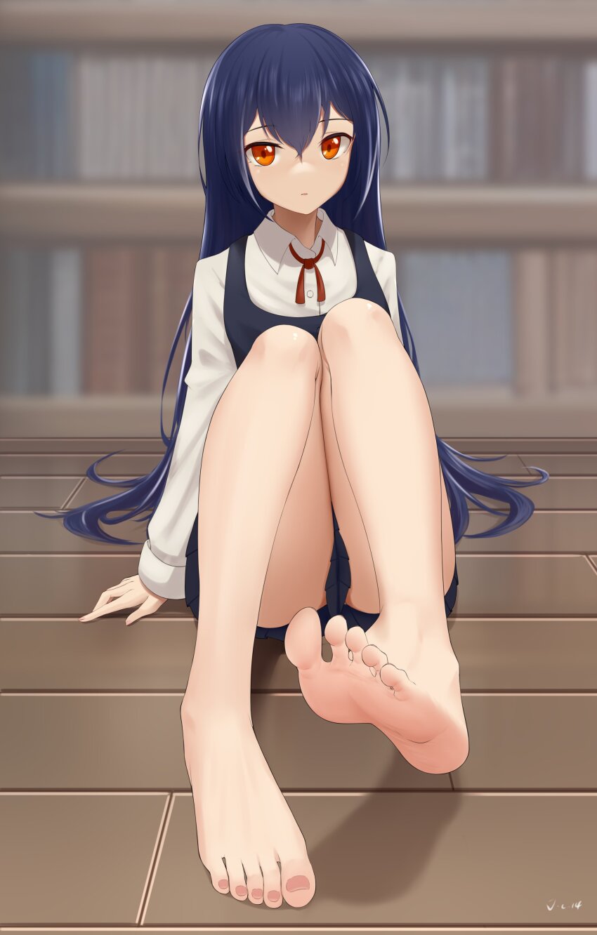 1girl, absurdres, arm_support, bare_legs, barefoot, blue_hair, blue_shirt, blue_skirt, blurry, blurry_background, book, bookshelf, collared_shirt, commission, depth_of_field, feet, foot_focus, foreshortening, full_body, hair_between_eyes, highres, indoors, j.c.14, knees_together_feet_apart, knees_up, kohinata_kuon, legs, long_hair, looking_at_viewer, neck_ribbon, necktie, no_shoes, on_floor, on_ground, orange_eyes, original, panties, panty_peek, pixiv_commission, red_ribbon, ribbon, school_uniform, shirt, signature, sitting, skirt, soles, solo, toenails, toes, underwear, very_long_hair, white_panties, wooden_floor