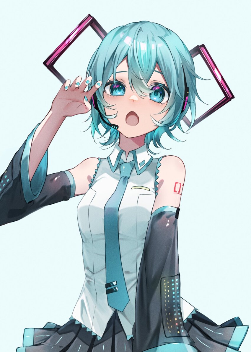 1girl, alternate_hair_length_(shorter), alternate_hairstyle, aqua_eyes, aqua_hair, aqua_nails, aqua_necktie, bare_shoulders