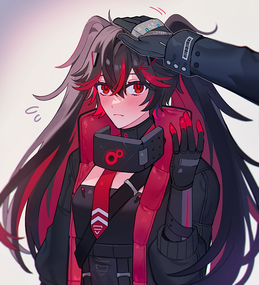 1girl, black_dress, black_hair, black_jacket, blush, closed_mouth, collar, colored_inner_hair, commandant_(pgr), crossed_bangs, dress, embarrassed, fake_horns, hair_between_eyes, hair_ornament, headpat, horns, jacket, long_hair, long_sleeves, lucia:_plume_(pgr), lucia_(pgr), mechanical_arms, multicolored_hair, necktie, punishing:_gray_raven, rapen01, red_eyes, red_hair, red_jacket, red_necktie, sidelocks, small_horns, streaked_hair, twintails, x_hair_ornament