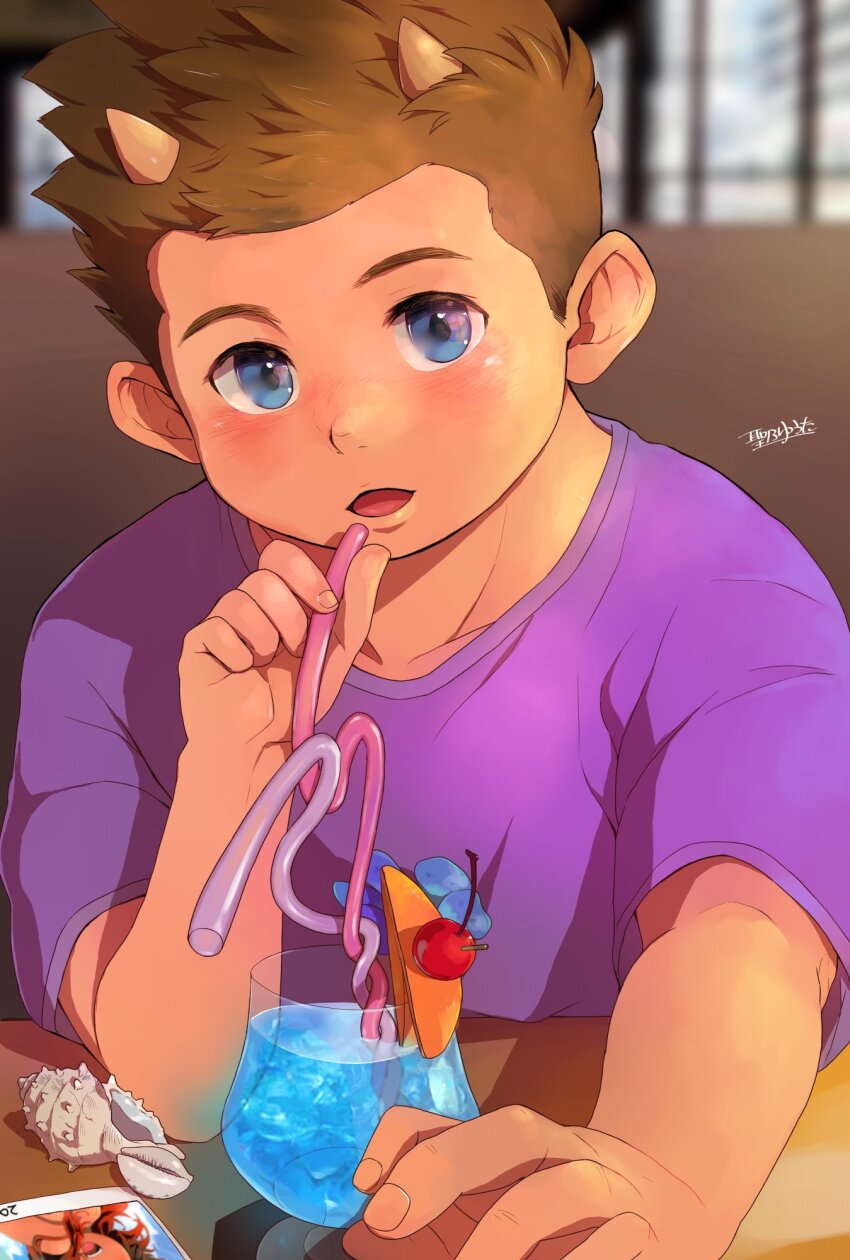 1boy, blue_eyes, blush, brown_hair, child, commentary_request, crazy_straw, drink