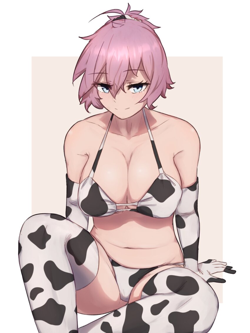 1girl, ahoge, animal_print, aoba_(kancolle), bikini, breasts, cleavage, cow_print