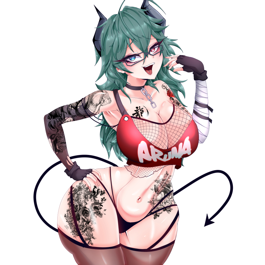 1girl, absurdres, arm_tattoo, arm_wrap, aruna_reaver, black-framed_eyewear, black_bikini, black_choker