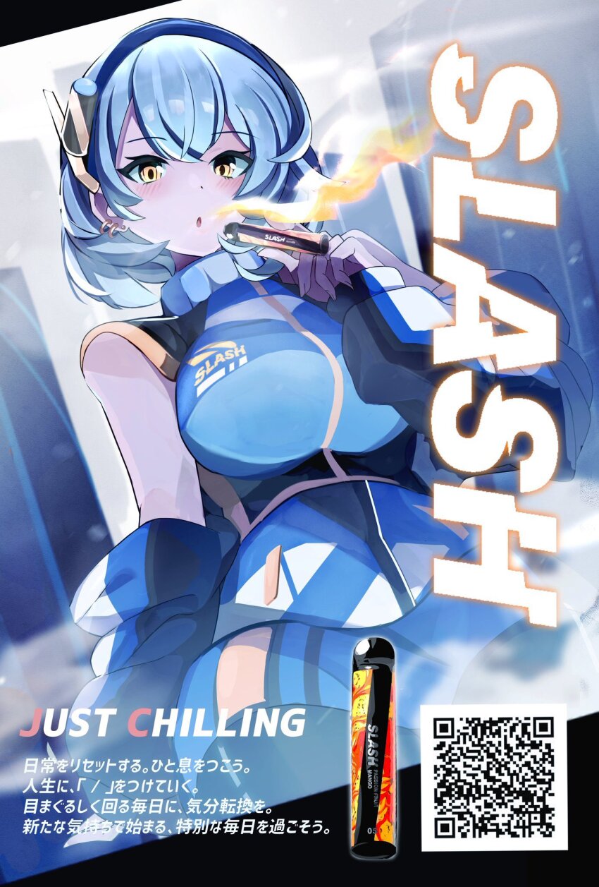 1girl, :o, black_pantyhose, blue_hair, blue_hairband, blue_shirt, blue_skirt, breasts, cigarette, colored_smoke, company_name, crossed_bangs, detached_sleeves, dot_nose, earrings, electronic_cigarette, english_text, hair_between_eyes, hairband, highres, holding, holding_cigarette, hoop_earrings, jewelry, large_breasts, light_blue_hair, light_blush, looking_at_viewer, medium_hair, miniskirt, multiple_earrings, pantyhose, parted_lips, pencil_skirt, personification, product_placement, puffy_detached_sleeves, puffy_sleeves, qr_code, shirt, skirt, slash_vape, slogan, smoke, solo, translation_request, umiru, untucked_shirt, vaping