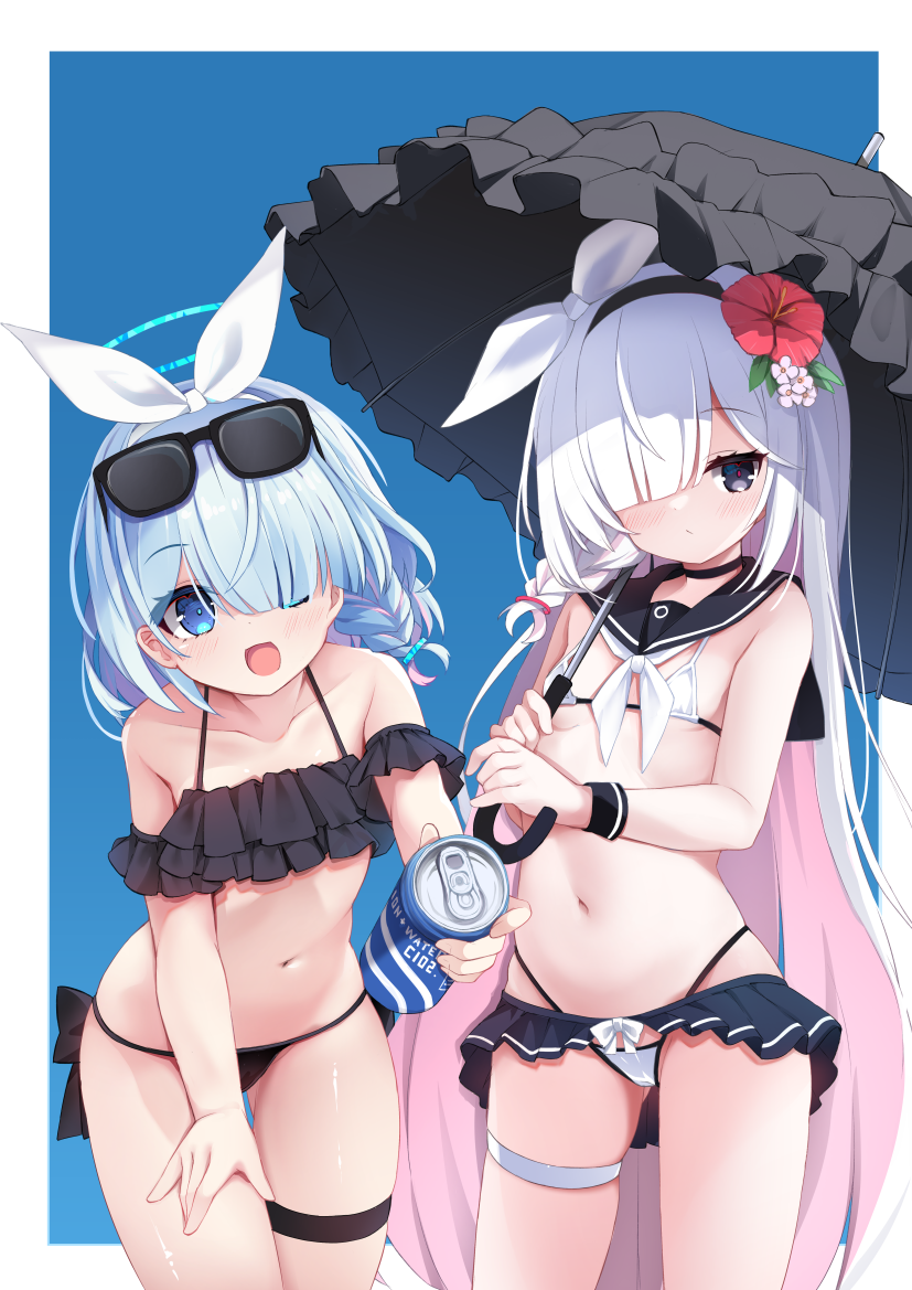 2girls, arona_(blue_archive), bikini, black-framed_eyewear, black_bikini, black_choker, black_eyes, black_hairband
