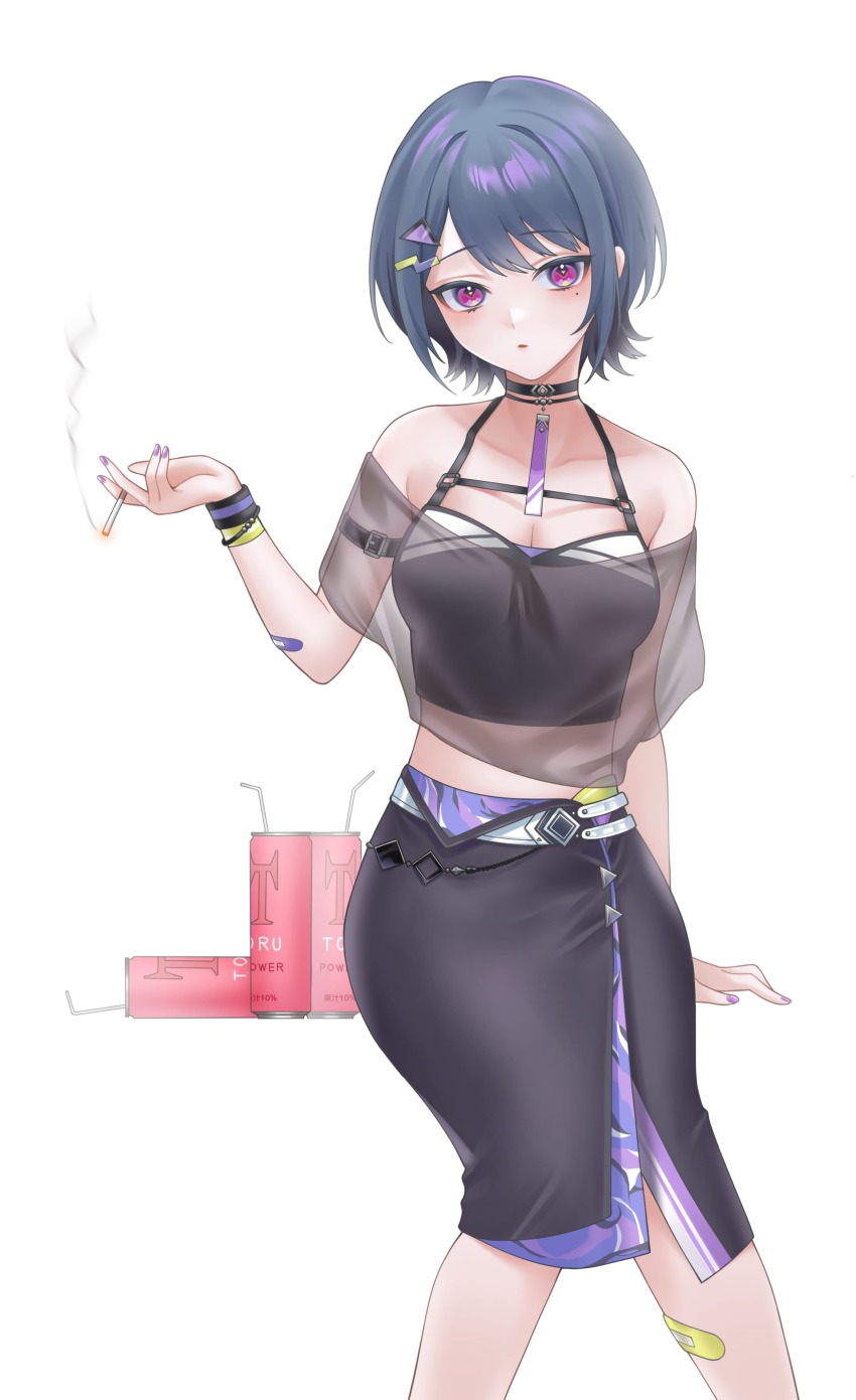 1girl, absurdres, arm_belt, arm_support, bandaid, bandaid_on_arm, bandaid_on_leg, bare_shoulders, black_camisole, black_choker, black_shirt, black_skirt, blue_hair, breasts, camisole, choker, cigarette, cleavage, crop_top, diamond-shaped_pupils, diamond_(shape), energy_drink, gfpebs, hair_ornament, hairclip, highres, holding, holding_cigarette, invisible_chair, koshimizu_toru, koshimizu_toru_(1st_costume), layered_skirt, looking_at_viewer, medium_breasts, mole, mole_under_eye, nijisanji, off-shoulder_shirt, off_shoulder, panties, parted_lips, purple_eyes, purple_nails, purple_skirt, see-through_clothes, shirt, short_hair, sitting, skirt, solo, sweatband, symbol-shaped_pupils, triangle_hair_ornament, underwear, virtual_youtuber, yellow_panties