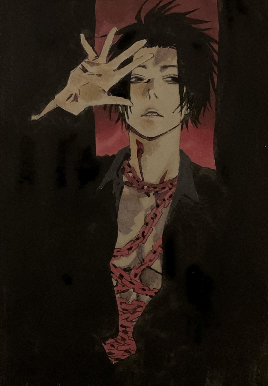 1boy, arm_up, black_hair, black_shirt, black_suit, chain, chain_around_neck, formal_clothes