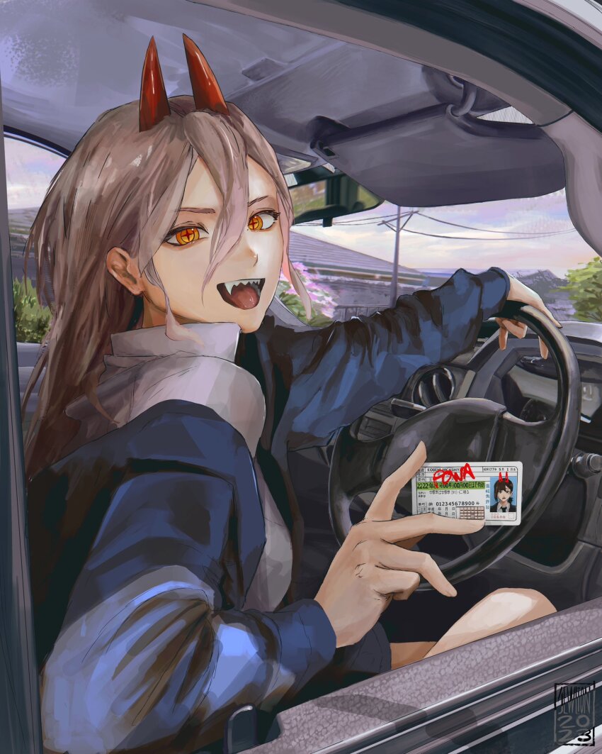 1girl, artist_logo, artist_name, black_jacket, black_necktie, blue_hoodie, brown_hair, car_interior, chainsaw_man, collared_shirt, cross-shaped_pupils, dated, formal_clothes, hair_between_eyes, higashiyama_kobeni, highres, hood, hoodie, horns, id_card, jacket, logo, long_hair, looking_at_viewer, necktie, open_mouth, power_(chainsaw_man), red_horns, sharp_teeth, shirt, single_sidelock, smile, solo, steering_wheel, suit, suit_jacket, symbol-shaped_pupils, taorotana, teeth, upper_teeth_only, white_shirt, yellow_eyes