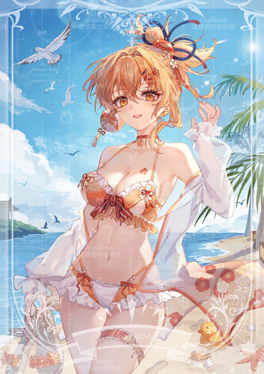 1girl, alternate_costume, arm_up, bare_shoulders, beach, bikini, bird, blonde_hair