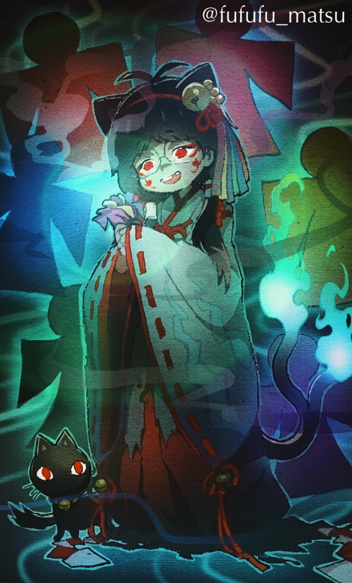 1girl, animal_ears, bell, blue_fire, cat, cat_ears, chihaya_(clothing), dual_persona