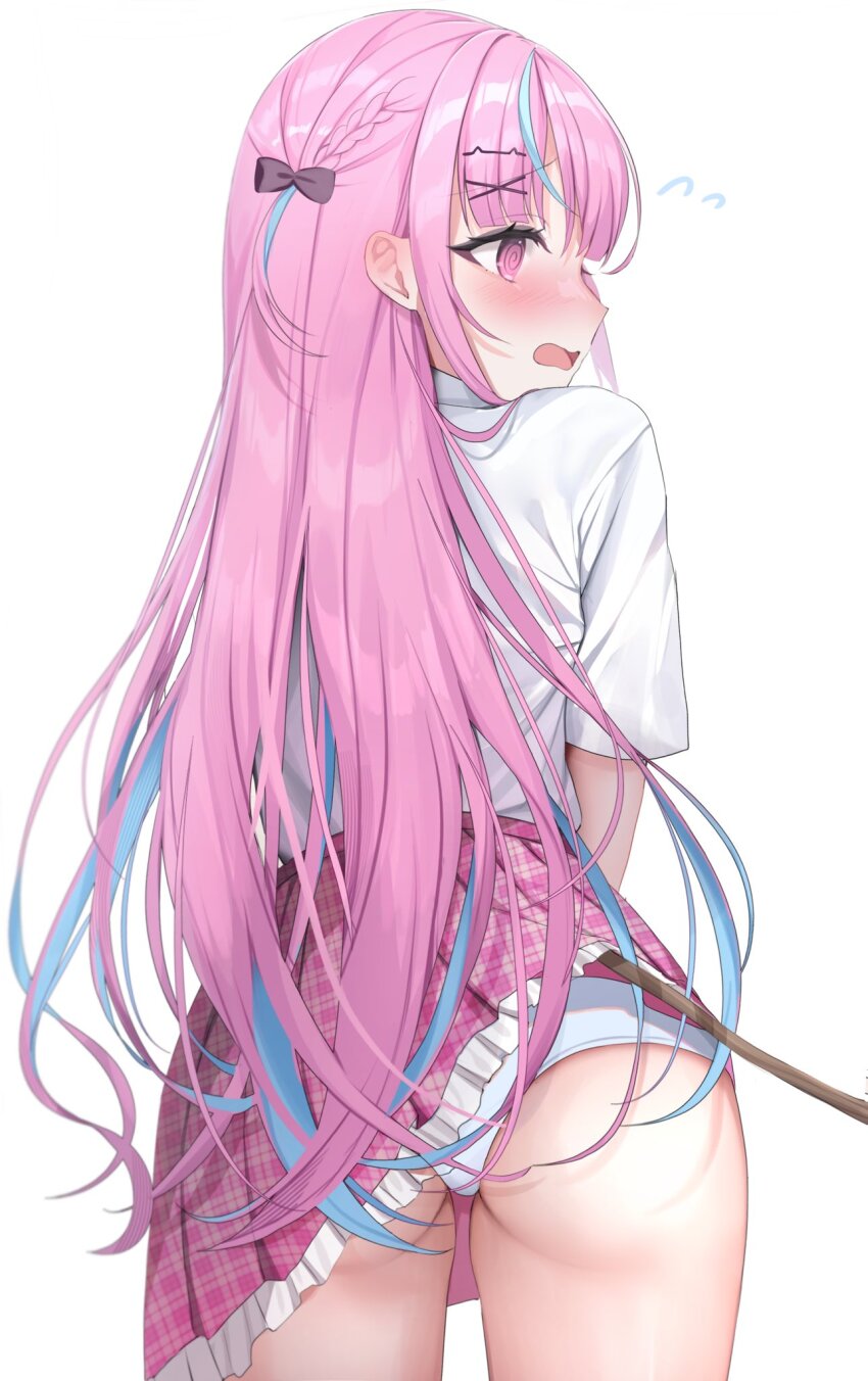 1girl, @_@, ass, blue_hair, blush, braid, clothes_lift, collared_shirt, commentary_request, embarrassed, frilled_skirt, frills, from_behind, hair_ornament, highres, hololive, iruka3, lifting_another's_clothes, long_hair, looking_to_the_side, minato_aqua, minato_aqua_(school_uniform), multicolored_hair, official_alternate_costume, open_mouth, panties, pink_eyes, pink_hair, pink_skirt, plaid_clothes, plaid_skirt, shirt, short_sleeves, side_braid, simple_background, single_braid, skirt, skirt_lift, sweatdrop, two-tone_hair, underwear, virtual_youtuber, white_background, white_panties, white_shirt, x_hair_ornament