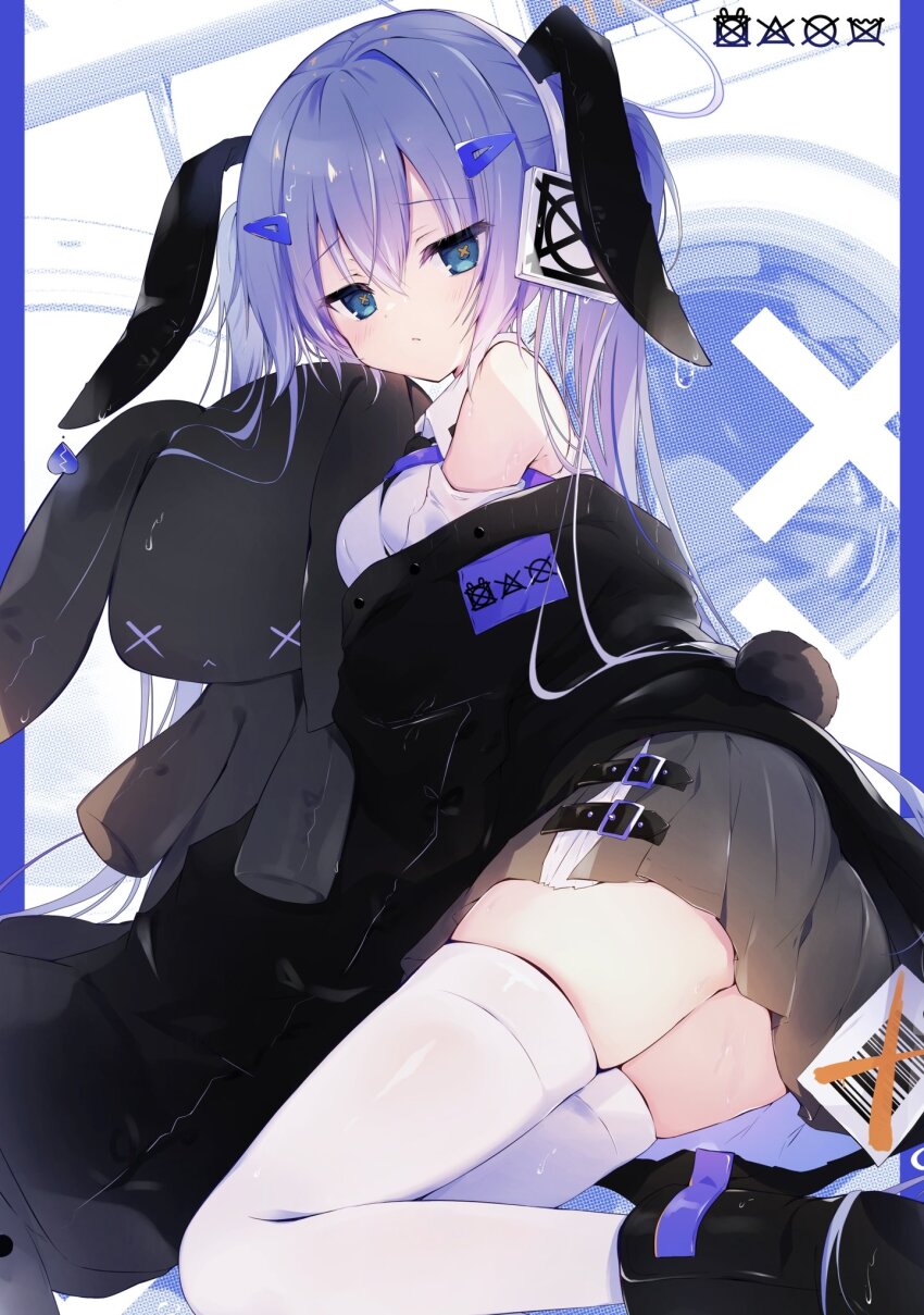 :<, animal_ears, ass, barcode, bare_shoulders, black_boots, black_jacket, black_necktie