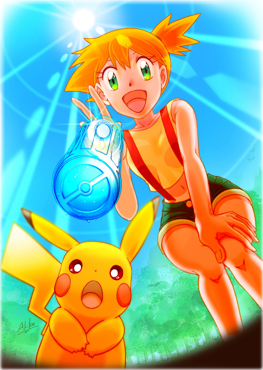 1girl, absurdres, asymmetrical_hair, bottle, breasts, denim, denim_shorts, gen_1_pokemon, green_eyes, green_shorts, gym_leader, hair_tie, highres, legs, misty_(pokemon), nintendo, orange_hair, pikachu, pikasato_akiko, pokemon, pokemon_(anime), pokemon_(classic_anime), ponytail, shirt, short_hair, short_shorts, shorts, side_ponytail, small_breasts, smile, solo, suspender_shorts, suspenders, tank_top, thighs, yellow_shirt