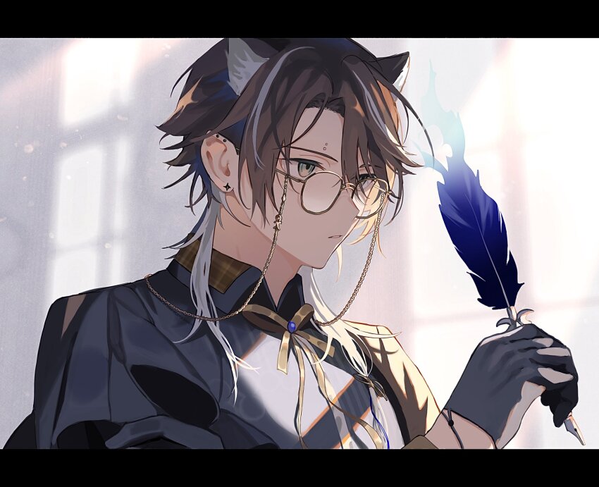 1boy, animal_ears, arknights, bishounen, black_gloves, brown_hair, cat_boy, cat_ears