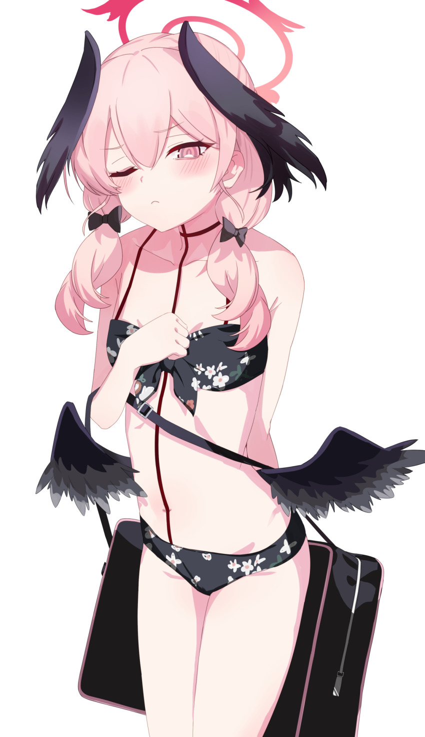 1girl, absurdres, bag, bikini, black_bikini, black_wings, blue_archive, blush