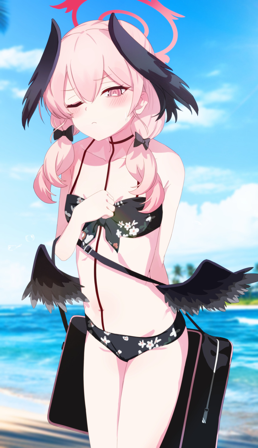 1girl, absurdres, bag, beach, bikini, black_bikini, black_wings, blue_archive