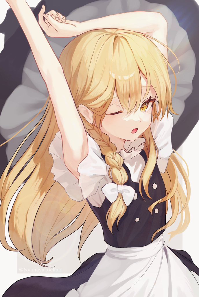 1girl, apron, arm_up, black_hat, black_skirt, black_vest, blonde_hair, braid