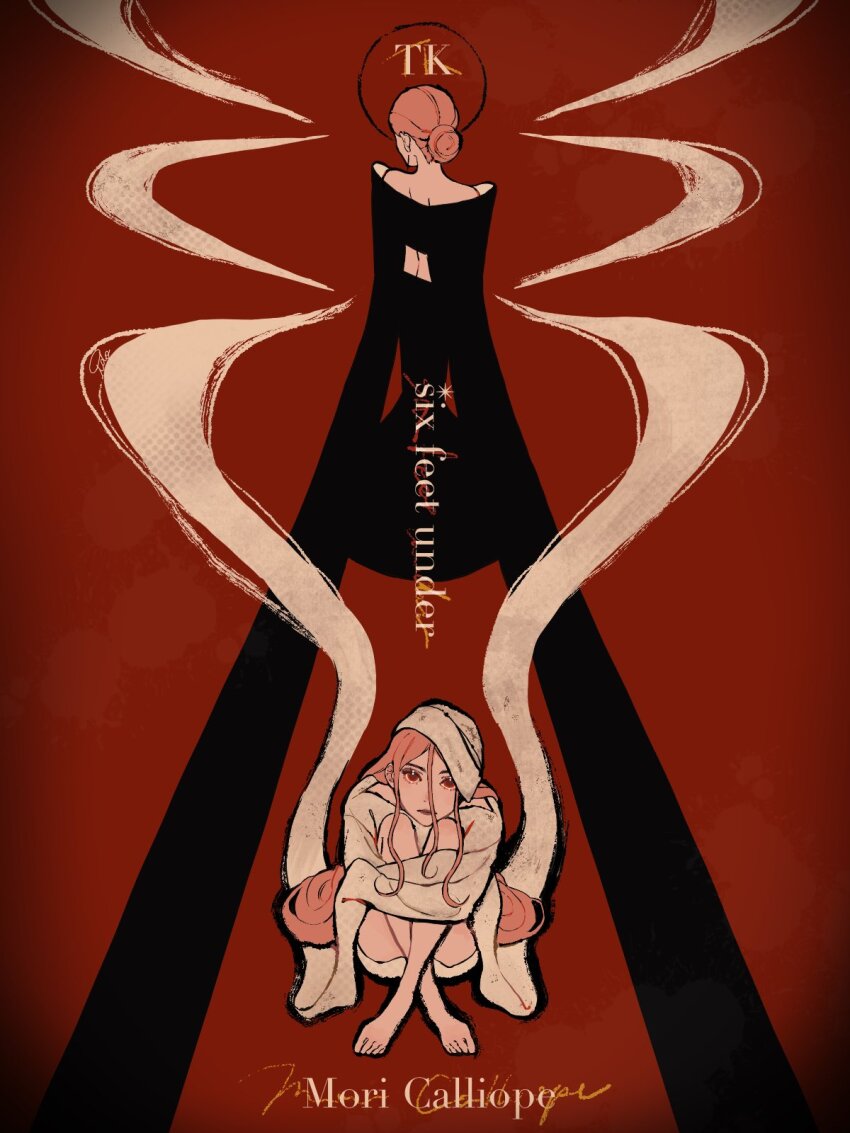 2girls, alternate_costume, barefoot, black_dress, character_name, dress, fetal_position, from_behind