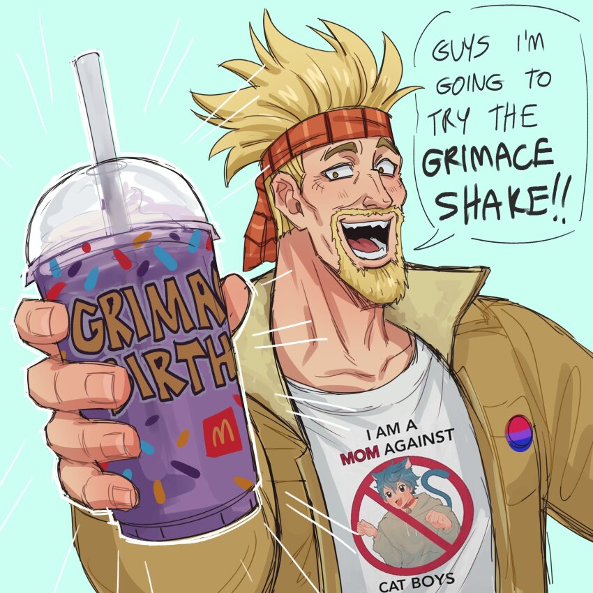 1boy, :d, absurdres, bisexual_flag, bisexual_flag_pin, bisexual_male, blonde_hair, clothes_writing, cup, daxratchet, disposable_cup, drinking_straw, english_text, eyepatch, facial_hair, goatee, grimace_shake_(meme), headband, highres, holding, holding_cup, i_am_a_mom_against_cat_boys_(meme), looking_at_viewer, male_focus, mature_male, mcdonald's, meme, milkshake, mustache, open_mouth, outstretched_arm, pin, print_shirt, purple_liquid, red_headband, scene_reference, shirt, short_hair, sideburns, smile, solo, spiked_hair, thick_eyebrows, thorkell, upper_body, vinland_saga