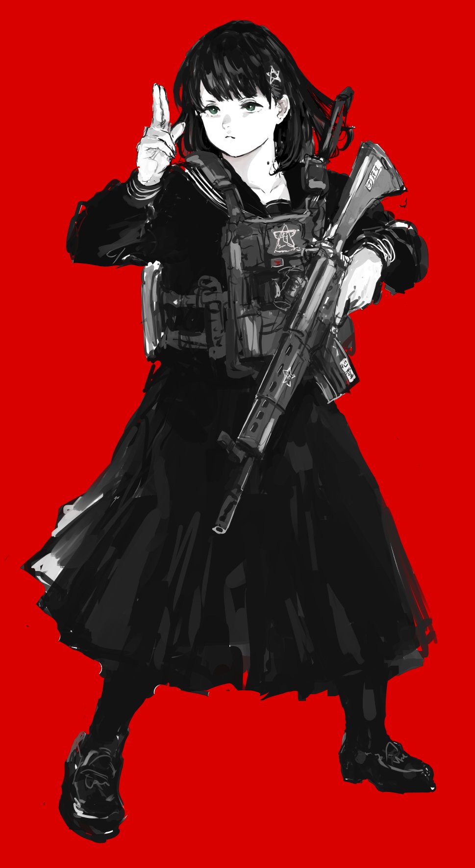 1girl, closed_mouth, collarbone, commentary_request, floating_hair, frown, green_eyes, greyscale_with_colored_background, gun, hair_behind_ear, hair_ornament, hand_up, highres, holding, holding_gun, holding_weapon, kuji-in, kurosuzu_mio, load_bearing_vest, loafers, long_hair, long_skirt, long_sleeves, looking_ahead, mole, mole_on_neck, osakana_(denpa_yun'yun), pantyhose, paranormasight:_the_seven_mysteries_of_honjo, pentagram, red_background, rifle, school_uniform, serafuku, serious, shoes, short_eyebrows, simple_background, skirt, solo, spot_color, star_(symbol), star_hair_ornament, trigger_discipline, weapon