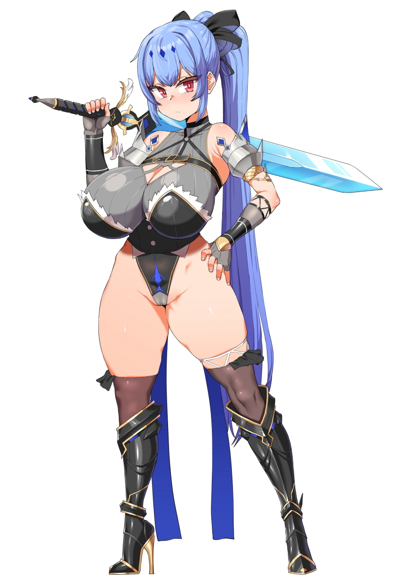 1girl, :|, absurdres, armored_boots, armpit_crease, asymmetrical_legwear, bare_shoulders, black_boots, black_gloves, black_leotard, black_ribbon, blue_hair, boots, breasts, bright_pupils, brown_thighhighs, cameltoe, chest_strap, cleavage, cleavage_cutout, closed_mouth, clothing_cutout, covered_collarbone, crossed_bangs, curvy, diamond_(shape), diamond_hair_ornament, epic_seven, era_(erasion), fingerless_gloves, fingernails, full_body, gloves, gold_trim, grey_gloves, hair_ornament, hair_ribbon, hand_on_own_hip, high_heel_boots, high_heels, highleg, highleg_leotard, highres, holding, holding_sword, holding_weapon, huge_breasts, legs_apart, leotard, light_blue_hair, long_hair, looking_at_viewer, mismatched_legwear, over-kneehighs, over_shoulder, penelope_(epic_seven), pink_eyes, pink_pupils, ponytail, red_thighhighs, ribbon, simple_background, solo, standing, sword, thick_thighs, thighhighs, thighs, very_long_hair, weapon, weapon_over_shoulder, white_background