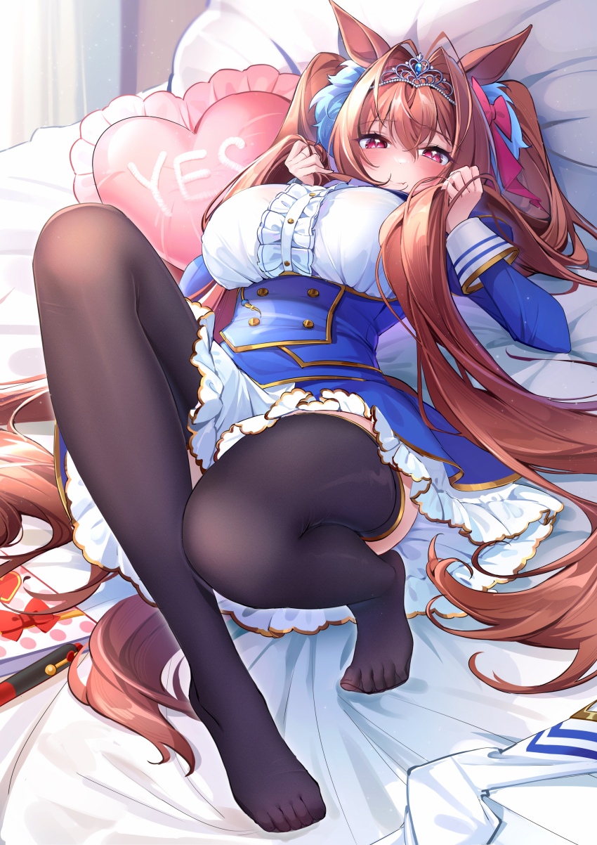 1girl, absurdres, animal_ears, bed_sheet, beiqi_coconut, black_thighhighs, blue_dress, blush, boots, bow, breasts, brown_hair, buttons, closed_mouth, commentary, convenient_leg, daiwa_scarlet_(umamusume), double-breasted, dress, eyelashes, fang, feet, fine_fabric_emphasis, frilled_dress, frills, full_body, gold_trim, hair_between_eyes, hair_bow, hair_intakes, hair_ribbon, hair_spread_out, hands_in_own_hair, hands_up, highres, holding, holding_own_hair, horse_ears, horse_girl, huge_breasts, knees_up, legs, long_hair, long_sleeves, looking_at_viewer, lying, no_shoes, on_back, pillow, red_eyes, ribbon, short_dress, sidelocks, skin_fang, solo, thighhighs, thighs, tiara, toenails, toes, twintails, umamusume, underbust, unworn_boots, very_long_hair, white_boots, white_dress, yes-no_pillow