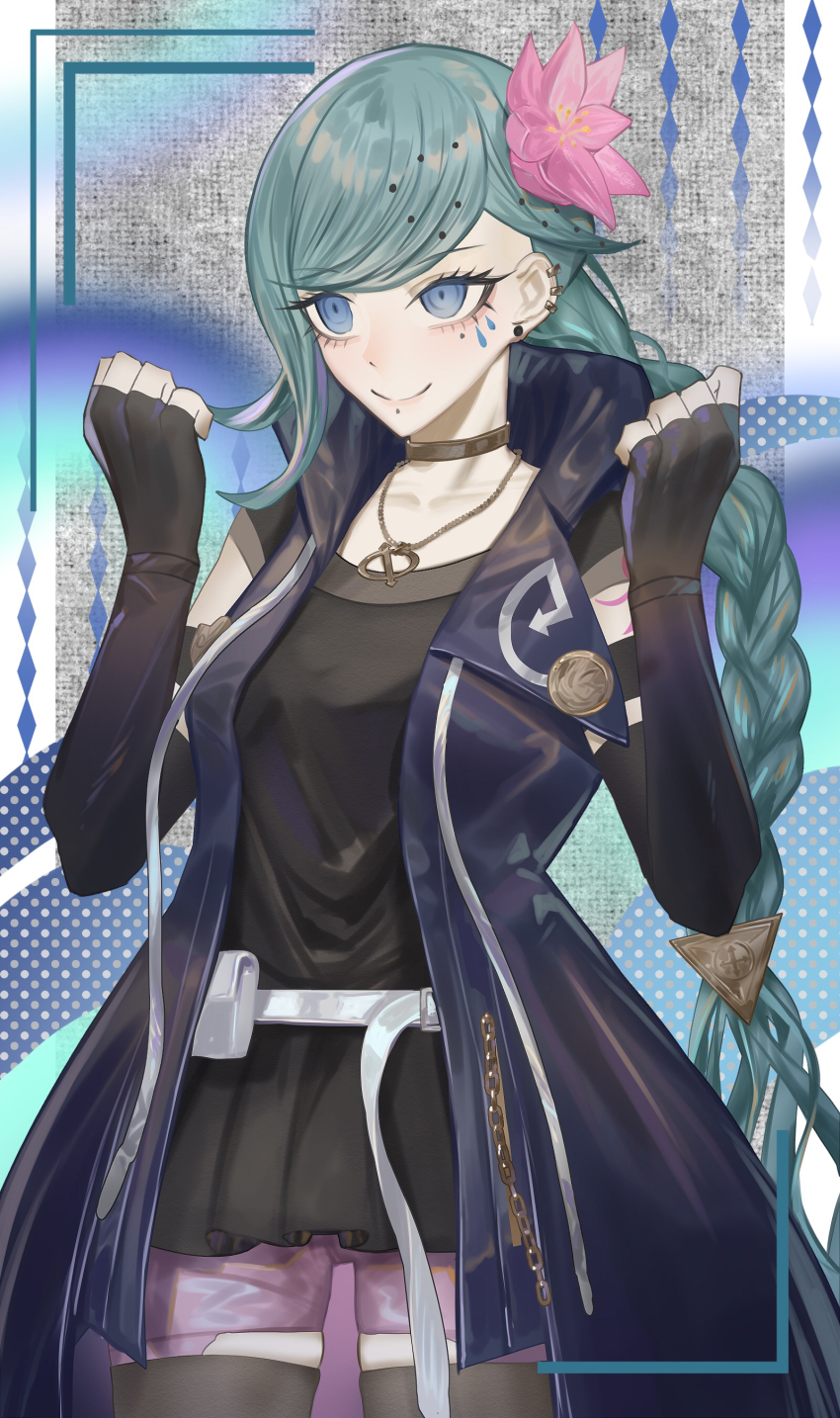 1girl, absurdres, aqua_hair, belt, belt_pouch, black_gloves, black_shirt, blue_eyes