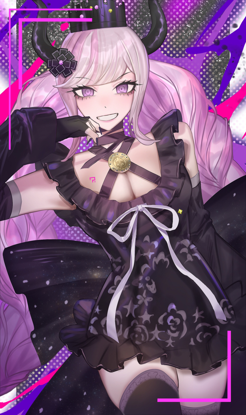 1girl, absurdres, arm_at_side, back_bow, black_bow, black_dress, black_gloves, black_headwear, black_horns, black_nails, black_sleeves, black_thighhighs, blunt_bangs, bow, braid, breasts, choker, cleavage, cowboy_shot, crown, detached_sleeves, dress, eyelashes, fingerless_gloves, fingernails, floral_print, floral_print_dress, gloves, gokuama, grin, hair_ornament, halter_dress, halterneck, hand_up, highres, horns, long_hair, long_sleeves, looking_at_viewer, master_detective_archives:_rain_code, medium_breasts, multicolored_hair, pink_hair, print_dress, purple_choker, purple_eyes, ribbon, ringed_eyes, shinigami_(rain_code), short_dress, smile, solo, swept_bangs, thighhighs, twin_braids, two-tone_hair, very_long_hair, white_hair, white_ribbon, zettai_ryouiki