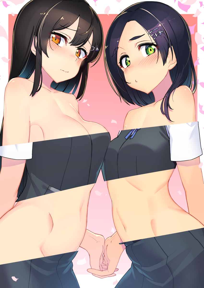 2girls, arms_behind_back, asymmetrical_docking, black_hair, black_vest, blue_ribbon, breast_press, breasts