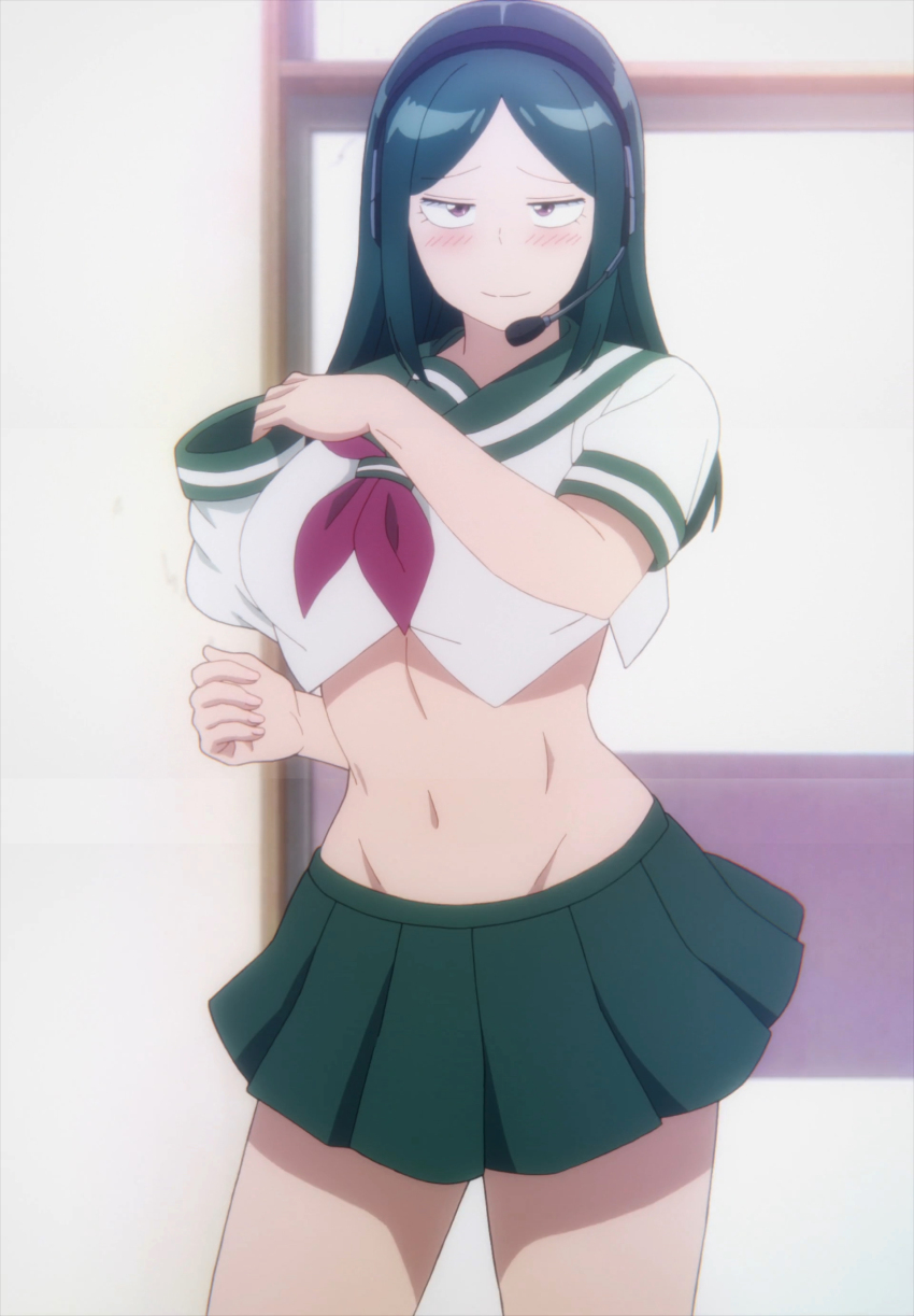 1girl, absurdres, anime_screenshot, blush, breasts, demon_girl, green_hair, green_skirt, groin, heaphones, highres, large_breasts, linea_alba, long_hair, looking_at_viewer, lv1_maou_to_one_room_yuusha, maou_(lv1_maou_to_one_room_yuusha), necktie, pink_eyes, pink_necktie, pleated_skirt, school_uniform, shirt, sidelocks, skirt, smile, stitched, thighs, third-party_edit, toned_stomach, undersized_clothes, undressing, white_shirt