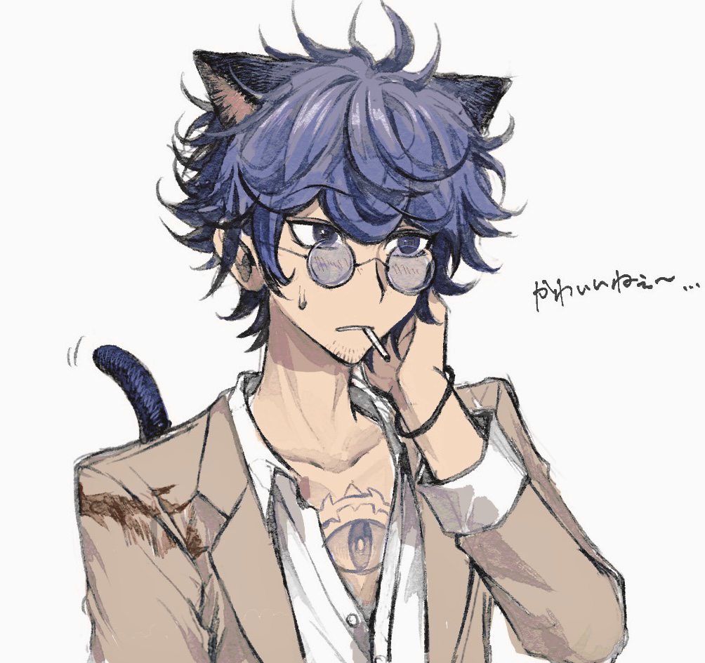 1boy, animal_ears, blue_eyes, blue_hair, bracelet, brown_jacket, cat_ears, cat_tail