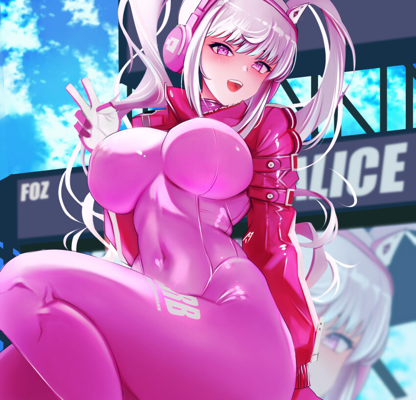 1girl, alice_(nikke), animal_ear_headphones, animal_ears, blush, bodysuit, breasts, covered_navel, cropped_jacket, fake_animal_ears, gloves, goddess_of_victory:_nikke, headphones, headset, highres, impossible_bodysuit, impossible_clothes, jacket, latex, latex_bodysuit, long_hair, looking_at_viewer, medium_breasts, multicolored_gloves, open_mouth, pink_bodysuit, pink_eyes, pink_gloves, reneg30, shrug_(clothing), skin_tight, smile, solo, twintails, two-tone_gloves