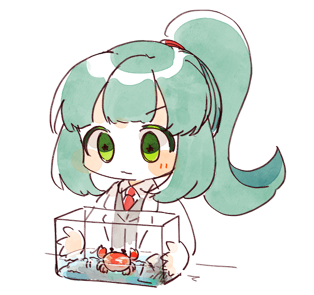 1girl, blush_stickers, closed_mouth, commentary_request, crab, e.g.o_(project_moon), employee_(project_moon), green_eyes