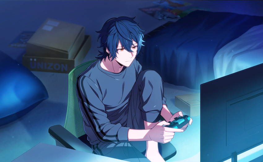 1boy, barefoot, bedroom, black_hair, controller, fingernails, game_controller, gray_reverse