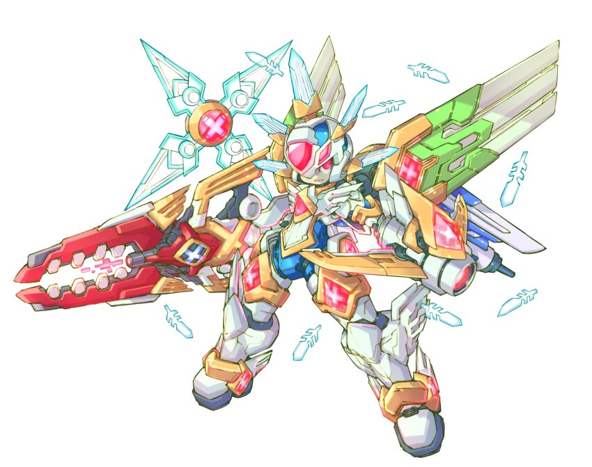 1boy, arm_cannon, armor, copy_x_(mega_man), fighting_fefnir_(mega_man), fusion, glowing, glowing_weapon