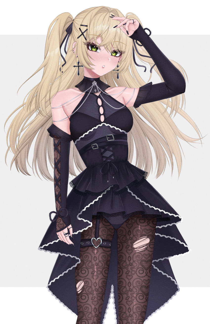 1girl, absurdres, bare_shoulders, black_dress, black_ribbon, blonde_hair, blush, breasts