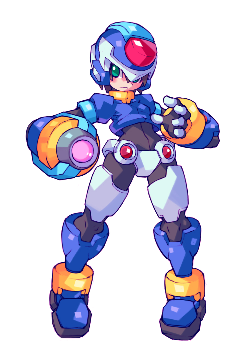 1girl, aile_(mega_man_zx), arm_cannon, armor, black_bodysuit, blush_stickers, bodysuit, crop_top, helmet, highres, iikoao, medium_hair, mega_man_(series), mega_man_zx, midriff, model_x_(mega_man), robot_ears, shoes, tagme, weapon
