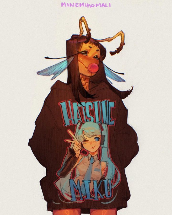 1girl, antennae, black_eyes, black_hair, arthropod_girl, chewing_gum, feet_out_of_frame, grey_background