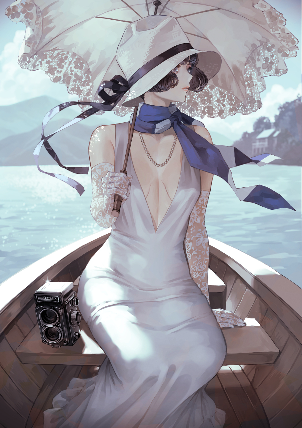 1girl, bare_shoulders, black_eyes, black_hair, blue_scarf, blue_sky, boat, bob_cut, breasts, camera, cocktail_dress, day, dress, elbow_gloves, floral_print, gloves, hat, hat_ribbon, highres, holding, holding_umbrella, jewelry, kaoming, lace, lace-trimmed_umbrella, lace_gloves, lace_trim, lake, long_dress, looking_to_the_side, makeup, medium_breasts, mountain, necklace, no_bra, original, outdoors, parasol, parted_lips, pearl_necklace, plunging_neckline, profile, ribbon, rolleiflex, scarf, sitting, sky, sleeveless, sleeveless_dress, smile, solo, sun_hat, twin-lens_reflex_camera, umbrella, water, watercraft, waves, white_dress, white_gloves, white_hat, white_umbrella