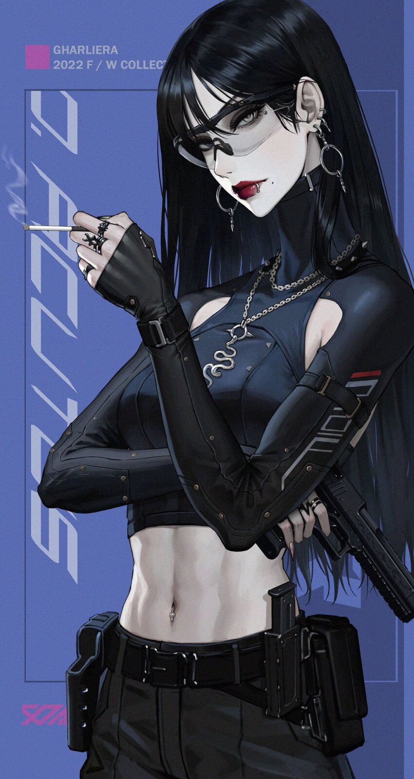 1girl, 2022, abs, black-framed_eyewear, black_hair, black_pants, blue_background, breasts