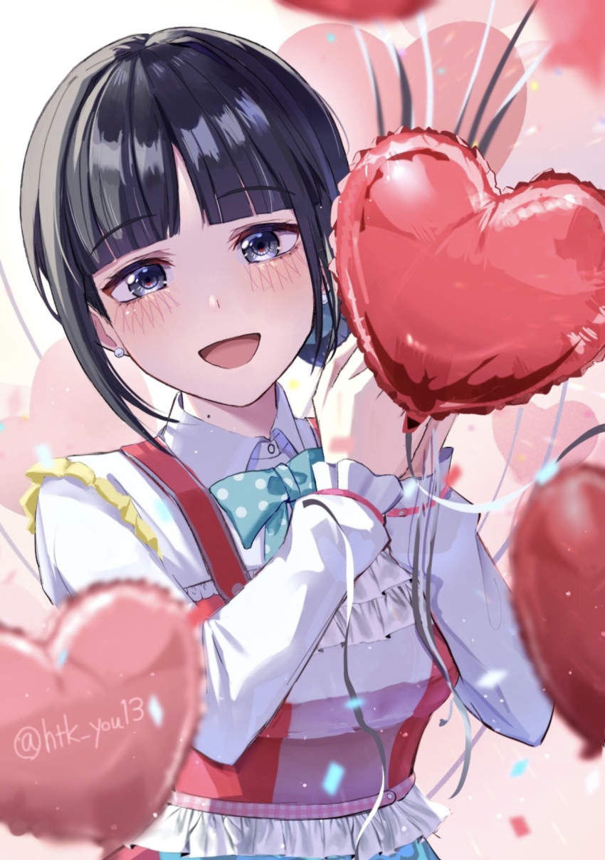 1girl, :d, aqua_bow, balloon, birthday, black_hair, blue_eyes, blunt_bangs