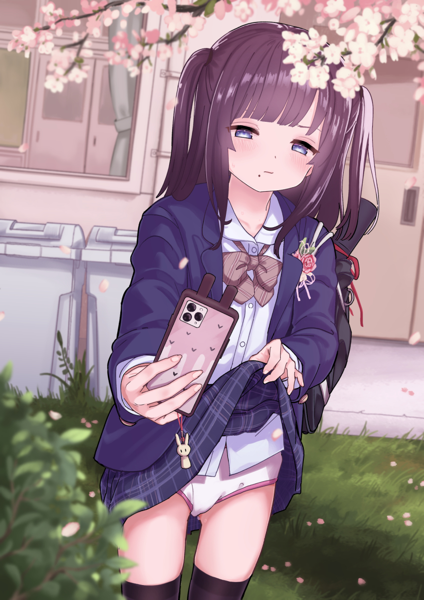 1girl, bag, black_thighhighs, blazer, blush, bow, bowtie, brown_hair, cellphone, charm_(object), cherry_blossoms, clothes_lift, collared_shirt, cowboy_shot, dakimakura_(ofin), grass, grey_eyes, highres, holding, holding_phone, jacket, lifting_own_clothes, long_hair, mole, mole_under_mouth, open_clothes, open_jacket, original, outdoors, panties, phone, school, school_bag, school_uniform, shirt, skirt, skirt_lift, smartphone, solo, taking_picture, thighhighs, two_side_up, underwear, white_panties, white_shirt