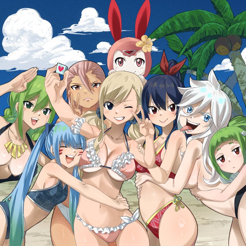 6+girls, bikini, blue_hair, breasts, cleavage, colorized, convenient_arm, eden's_zero