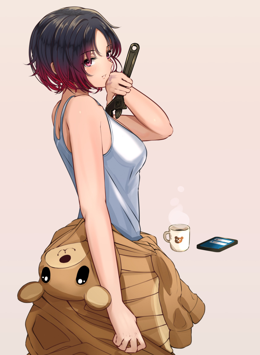 1girl, adjustable_wrench, bare_shoulders, black_hair, breasts, cellphone, cup, from_side