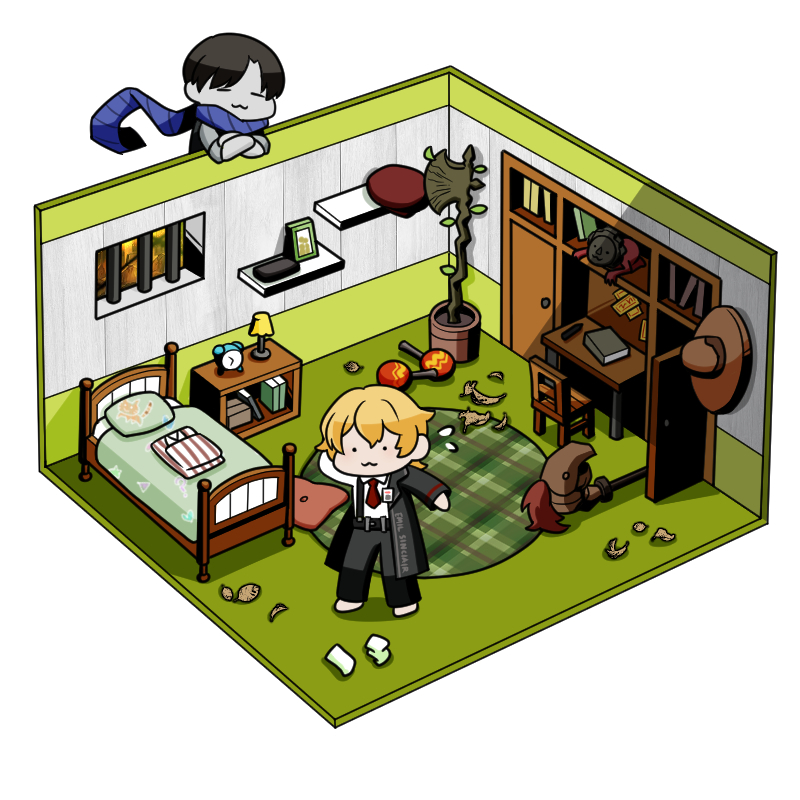 2boys, alarm_clock, axe, bars, bed, black_hair, blanket, blonde_hair, book, branch_of_knowledge_(e.g.o), chair, clock, closet, coat, collared_shirt, demian_(project_moon), desk, doomsday_clay_doll_(project_moon), e.g.o_(project_moon), hat, instrument, lamp, leaf, limbus_company, maracas, multiple_boys, pa_rsnip, pants, pen, pillow, plant, portrait_(object), potted_plant, project_moon, scarf, shelf, shirt, sinclair_(project_moon), socks, sombrero, suspenders, talisman, white_shirt